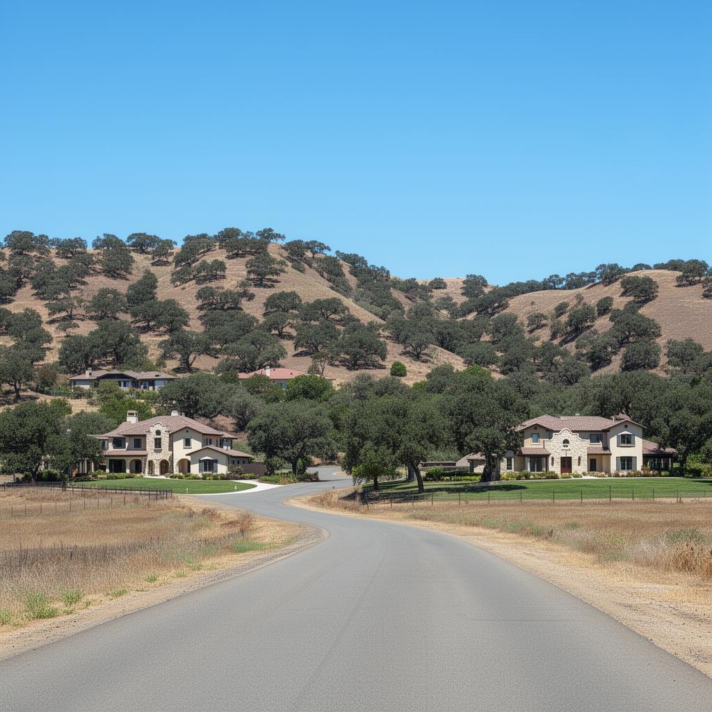Quiet country road winding past estate homes and oak-studded hills near Alamo, California.