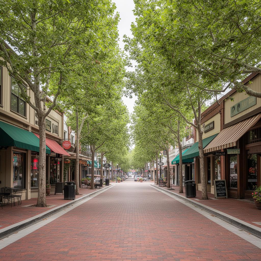 Tree-lined street in downtown Danville, California.