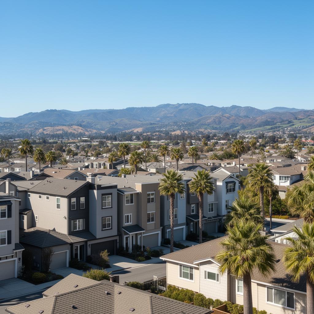 Modern Dublin, California neighborhood with the East Bay hills in the background.
