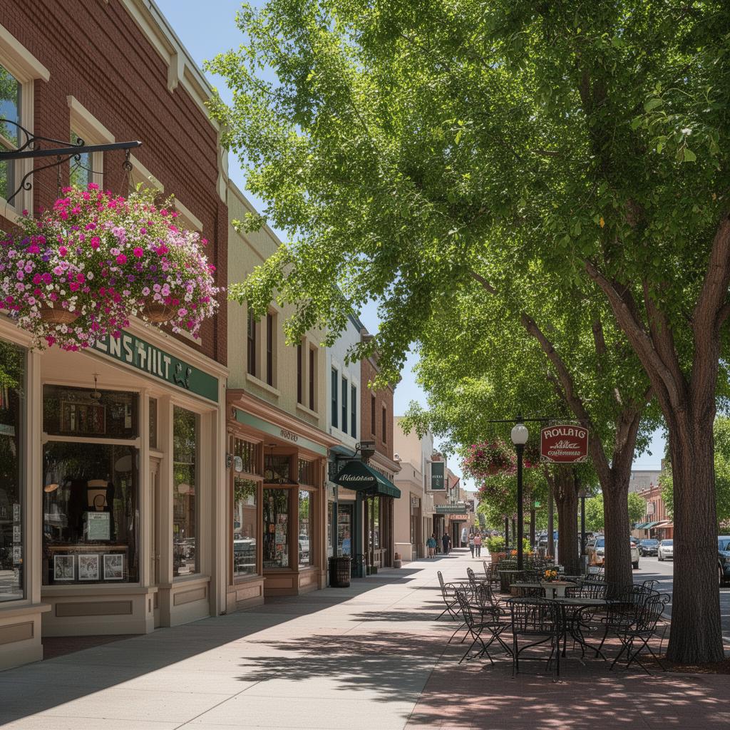 Historic downtown Pleasanton, California main street with shops and trees.