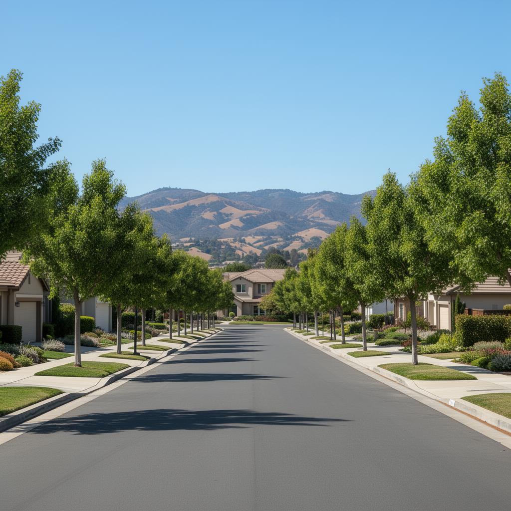 Street view of a residential neighborhood in San Ramon, California.