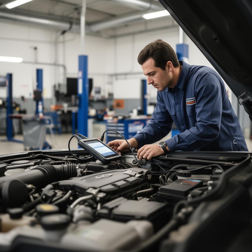 Technician running computerized diagnostics on a vehicle engine in an auto repair shop.