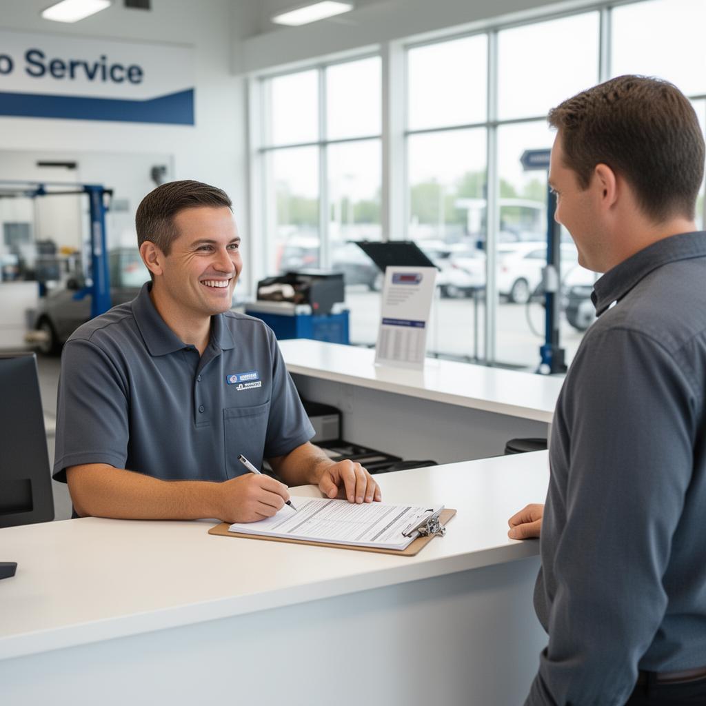 Service advisor preparing a written repair estimate for a customer at an auto repair shop counter.
